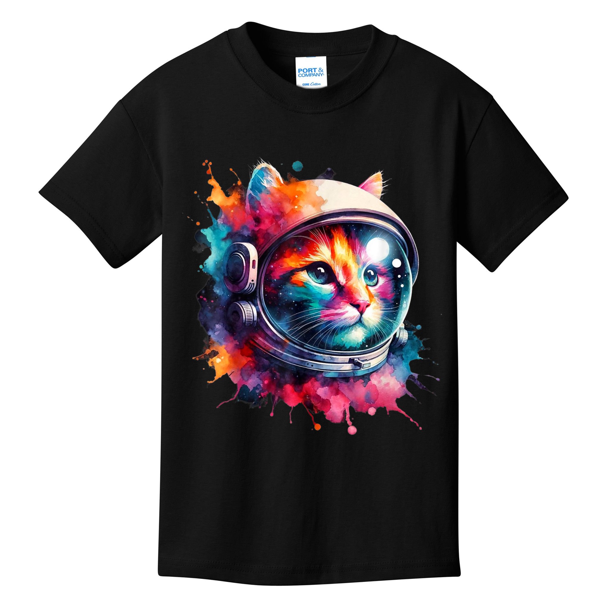 Funny Cat Astronaut Outer Space Watercolor Splash Cat Lover Kids T-Shirt