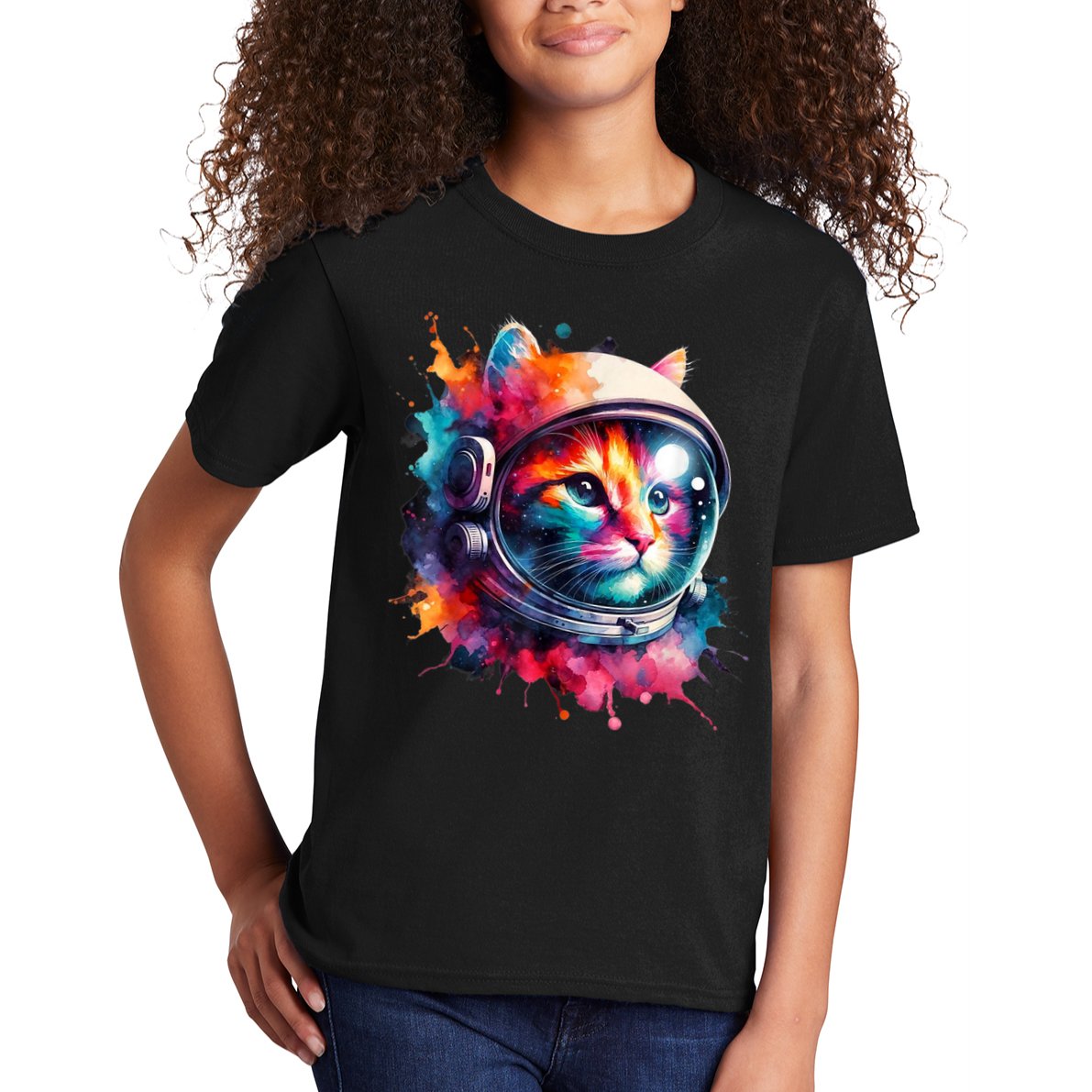 Funny Cat Astronaut Outer Space Watercolor Splash Cat Lover Kids T-Shirt
