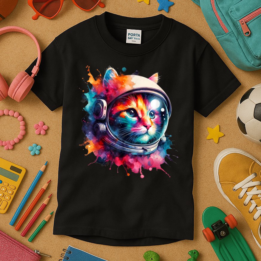 Funny Cat Astronaut Outer Space Watercolor Splash Cat Lover Kids T-Shirt
