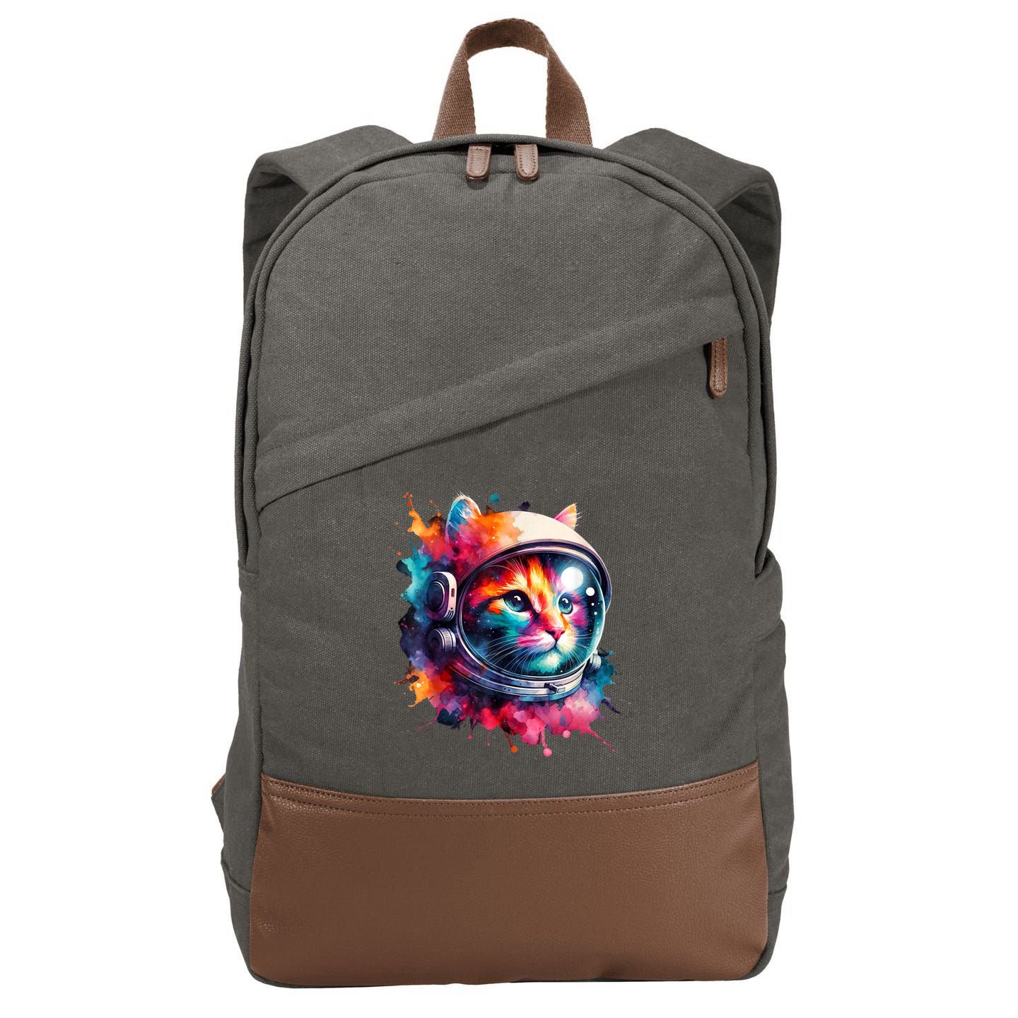 Funny Cat Astronaut Outer Space Watercolor Splash Cat Lover Cotton Canvas Backpack