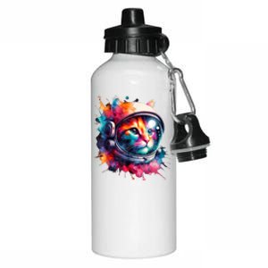 Funny Cat Astronaut Outer Space Watercolor Splash Cat Lover Aluminum Water Bottle