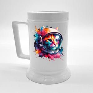 Funny Cat Astronaut Outer Space Watercolor Splash Cat Lover Beer Stein