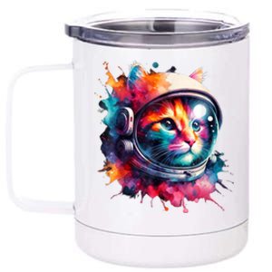 Funny Cat Astronaut Outer Space Watercolor Splash Cat Lover 12 oz Stainless Steel Tumbler Cup