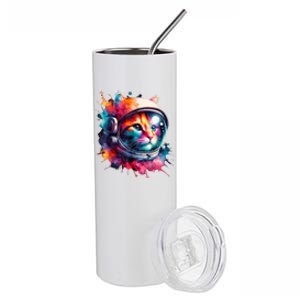 Funny Cat Astronaut Outer Space Watercolor Splash Cat Lover Stainless Steel Tumbler