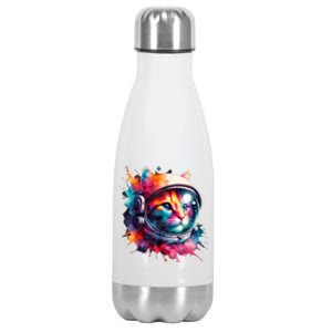 Funny Cat Astronaut Outer Space Watercolor Splash Cat Lover Stainless Steel Insulated Water Bottle