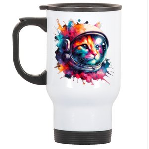 Funny Cat Astronaut Outer Space Watercolor Splash Cat Lover Stainless Steel Travel Mug