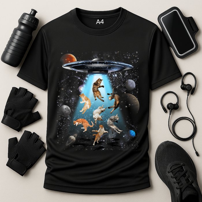 Funny Cat Astronaut Outer Space Watercolor Splash Cat Lover Performance Shirt
