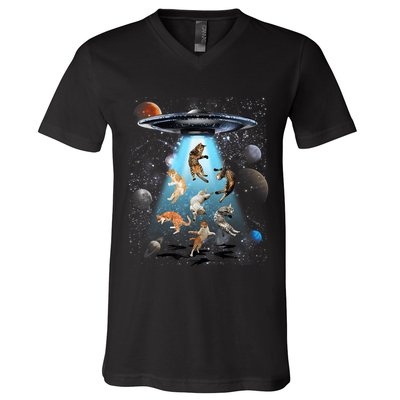 Funny Cat Astronaut Outer Space Watercolor Splash Cat Lover V-Neck T-Shirt