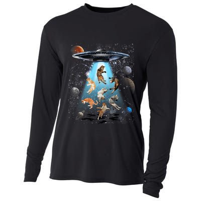 Funny Cat Astronaut Outer Space Watercolor Splash Cat Lover Cooling Performance Long Sleeve Crew