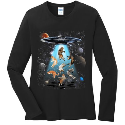 Funny Cat Astronaut Outer Space Watercolor Splash Cat Lover Ladies Long Sleeve Shirt