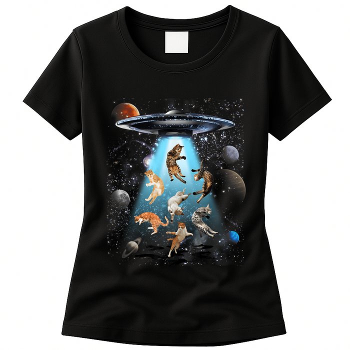 Funny Cat Astronaut Outer Space Watercolor Splash Cat Lover Womens T-Shirt