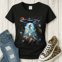 Funny Cat Astronaut Outer Space Watercolor Splash Cat Lover Womens T-Shirt