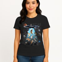 Funny Cat Astronaut Outer Space Watercolor Splash Cat Lover Womens T-Shirt