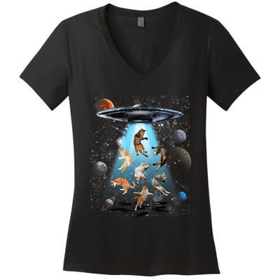 Funny Cat Astronaut Outer Space Watercolor Splash Cat Lover Women's V-Neck T-Shirt