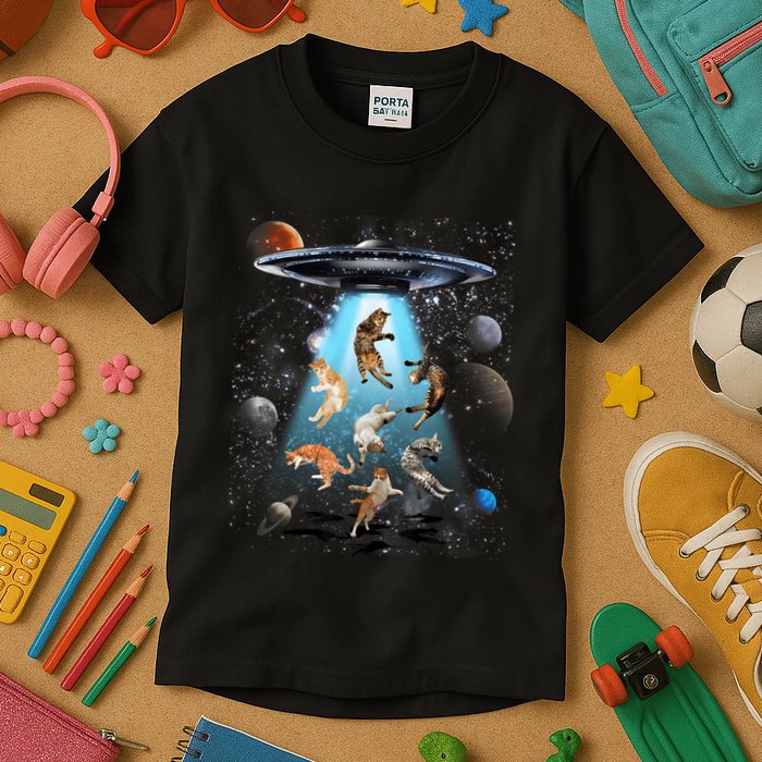 Funny Cat Astronaut Outer Space Watercolor Splash Cat Lover Kids T-Shirt
