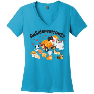 Funny Cute Antidepressants Pets Puppies And Kittens Women's V-Neck T-Shirt