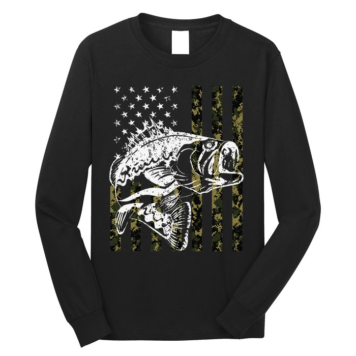 Fishing Camouflage American Flag Fish Bass Fish Fisherman Long Sleeve Shirt