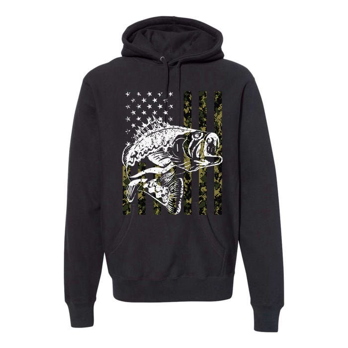 Fishing Camouflage American Flag Fish Bass Fish Fisherman Premium Hoodie