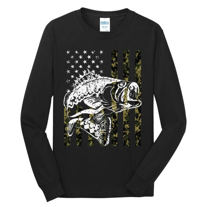 Fishing Camouflage American Flag Fish Bass Fish Fisherman Tall Long Sleeve T-Shirt