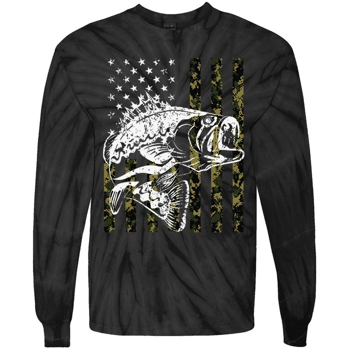 Fishing Camouflage American Flag Fish Bass Fish Fisherman Tie-Dye Long Sleeve Shirt