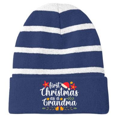 First Christmas As A Grandma Funny Xmas Christmas Grandma Striped Beanie with Solid Band