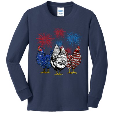 Funny Chickens American Flag Patriotic Farmer 4th Of July Kids Long Sleeve Shirt