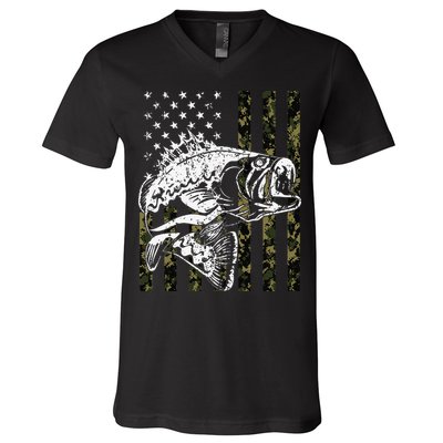 Fishing Camouflage American Flag Fisherman V-Neck T-Shirt