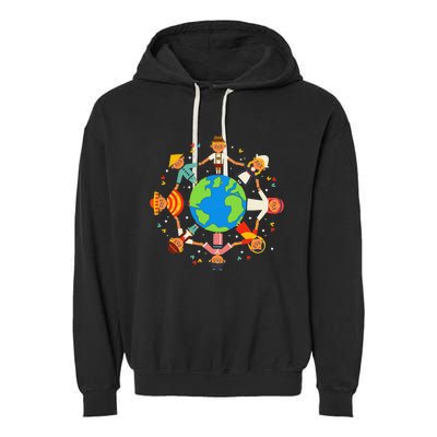 Funny Children Around The World Earth Day Garment-Dyed Fleece Hoodie