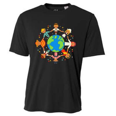 Funny Children Around The World Earth Day Cooling Performance Crew T-Shirt