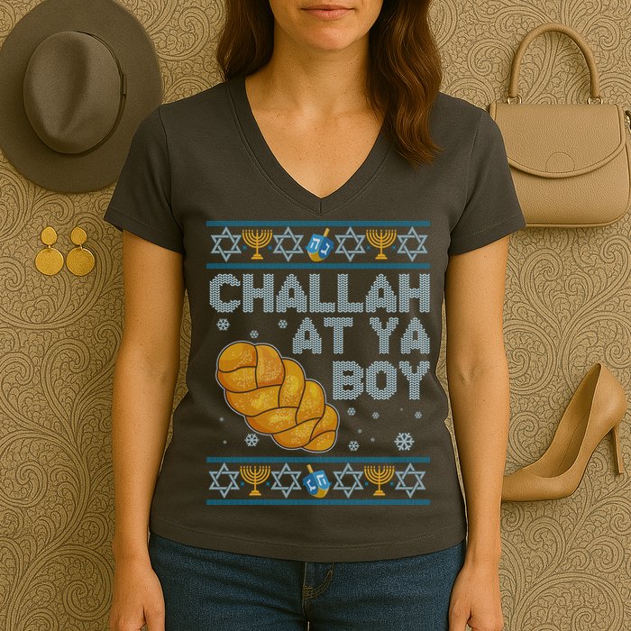 Funny Challah At Ya Boy Ugly Hanukkah Sweater Women's V-Neck T-Shirt