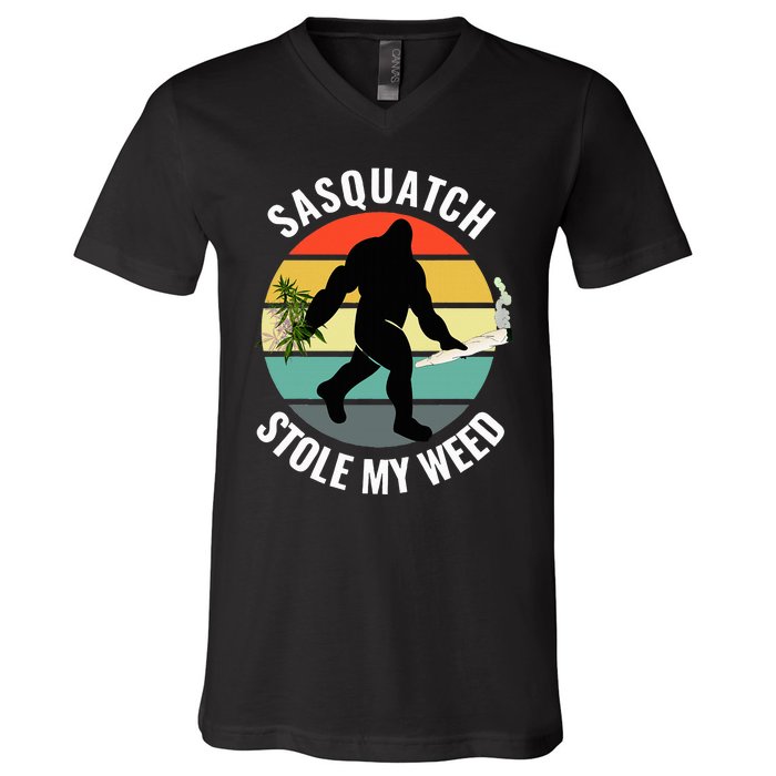 Funny Cannabis And Sci Fi 420 Sasquatch Stole My Weed V-Neck T-Shirt