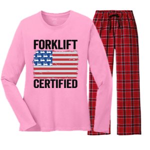 Forklift Certified American Flag Funny Forklift Driver Women's Long Sleeve Flannel Pajama Set 