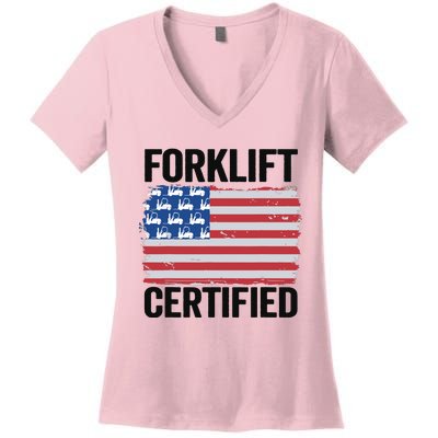 Forklift Certified American Flag Funny Forklift Driver Women's V-Neck T-Shirt