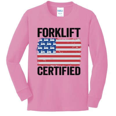 Forklift Certified American Flag Funny Forklift Driver Kids Long Sleeve Shirt