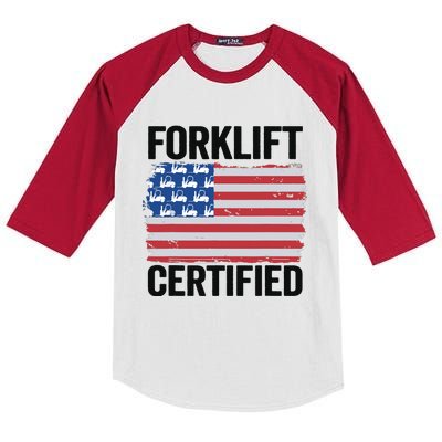 Forklift Certified American Flag Funny Forklift Driver Kids Colorblock Raglan Jersey