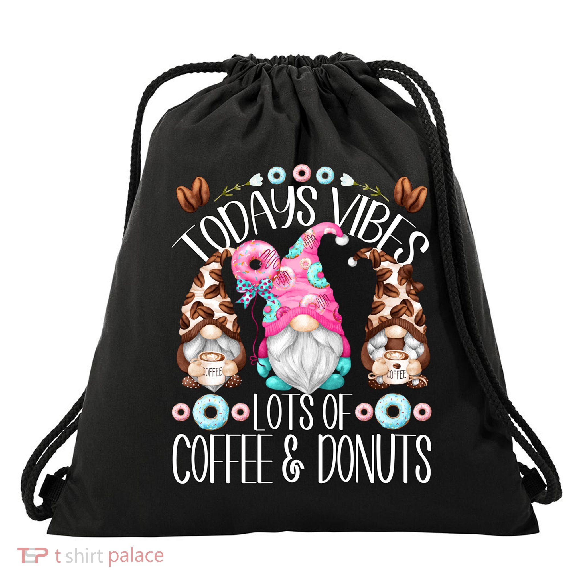 Funny Coffee And Donut Gnomes For And Donut Lover Gift Drawstring Bag