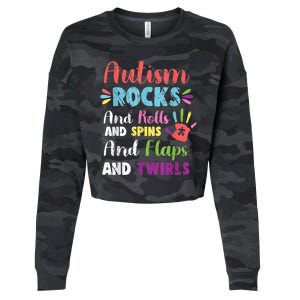 Fun Cute Autism Rocks Rolls Spins Flaps & Twirls Cropped Pullover Crew