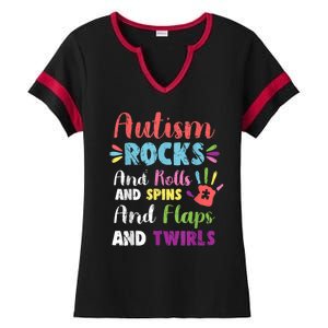 Fun Cute Autism Rocks Rolls Spins Flaps & Twirls Ladies Halftime Notch Neck Tee