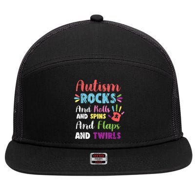 Fun Cute Autism Rocks Rolls Spins Flaps & Twirls 7 Panel Mesh Trucker Snapback Hat