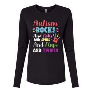 Fun Cute Autism Rocks Rolls Spins Flaps & Twirls Womens Cotton Relaxed Long Sleeve T-Shirt