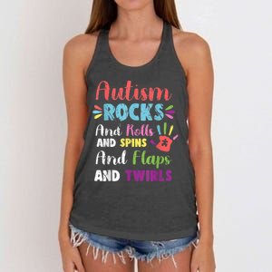 Fun Cute Autism Rocks Rolls Spins Flaps & Twirls Women's Knotted Racerback Tank