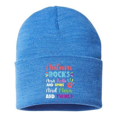 Fun Cute Autism Rocks Rolls Spins Flaps & Twirls Sustainable Knit Beanie