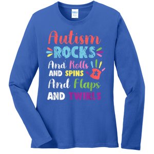 Fun Cute Autism Rocks Rolls Spins Flaps & Twirls Ladies Long Sleeve Shirt