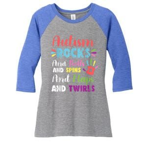 Fun Cute Autism Rocks Rolls Spins Flaps & Twirls Women's Tri-Blend 3/4-Sleeve Raglan Shirt