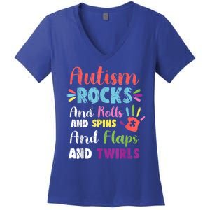 Fun Cute Autism Rocks Rolls Spins Flaps & Twirls Women's V-Neck T-Shirt