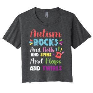 Fun Cute Autism Rocks Rolls Spins Flaps & Twirls Women's Crop Top Tee