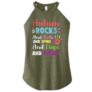 Fun Cute Autism Rocks Rolls Spins Flaps & Twirls Women's Perfect Tri Rocker Tank