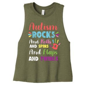 Fun Cute Autism Rocks Rolls Spins Flaps & Twirls Women's Racerback Cropped Tank