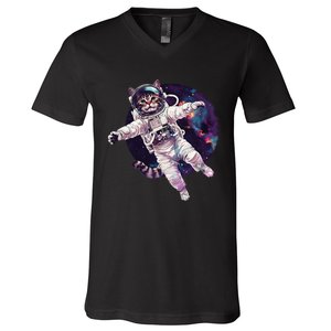 Funny Cat Astronaut In Space Gift V-Neck T-Shirt