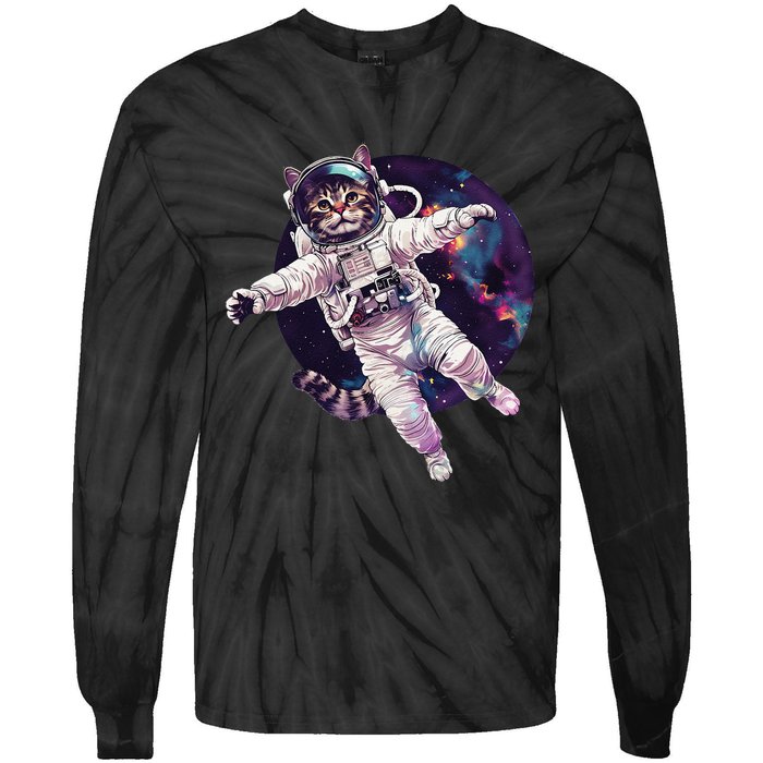 Funny Cat Astronaut In Space Gift Tie-Dye Long Sleeve Shirt